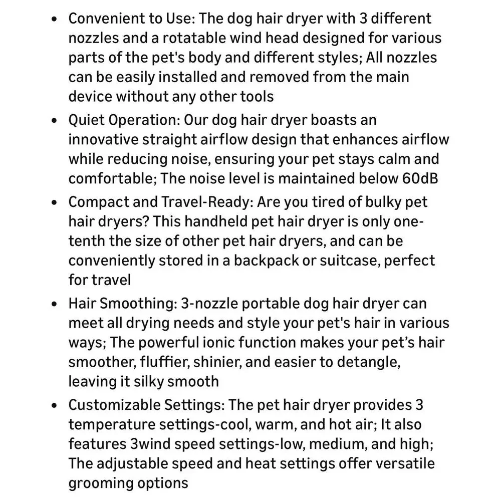 Portable Handheld Pet Hair Dryer, 3 Temp Settings & 3 Attachments New In Box